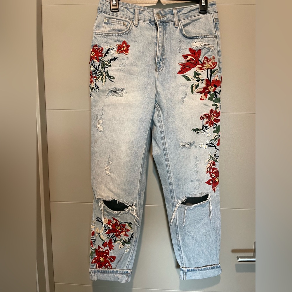 Topshop Moto MOM Jeans with Red Floral Embroidery